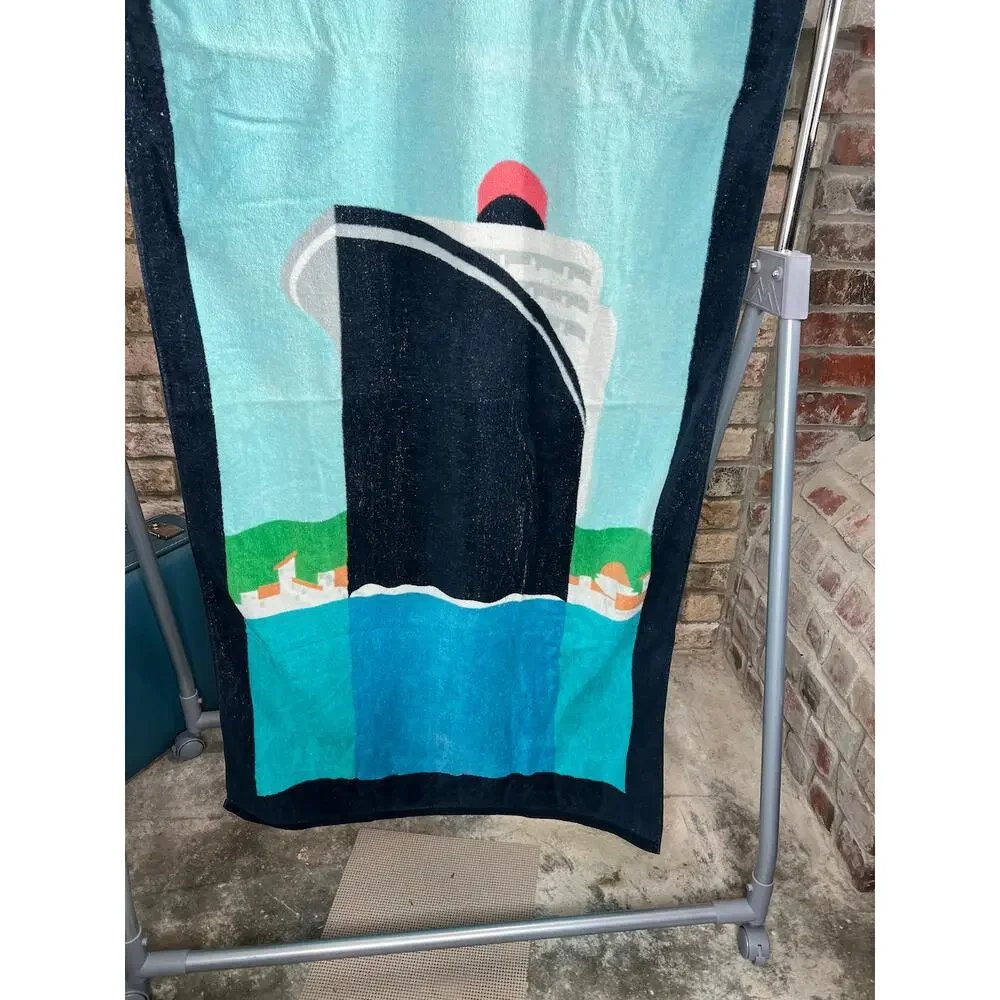 beach towel Ports cruise ship graphic blue green black 1980s
